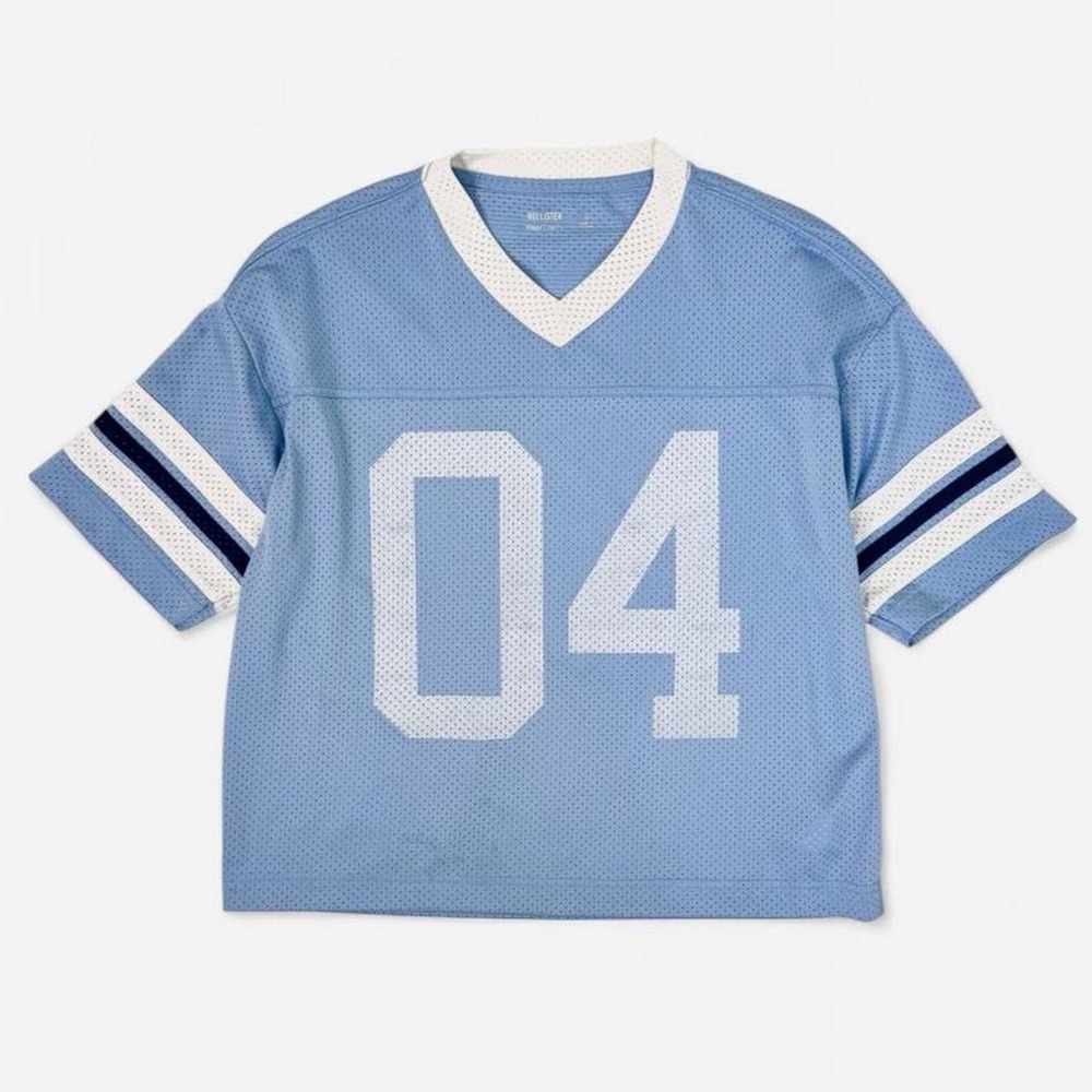 Hollister Jersey Varsity Baby Blue Short Sleeve V Neck Baggy Cropped Shirt S